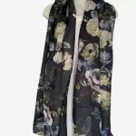 Navy Floral Silk Long Scarf FW-017