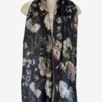 Midnight Bloom Navy Silk Long Scarf FW-904